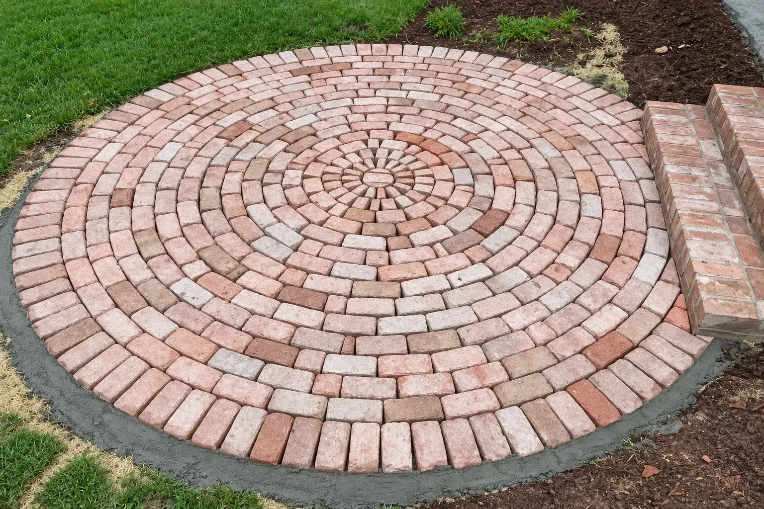 Circular brick patio laid in rings with a mortar border