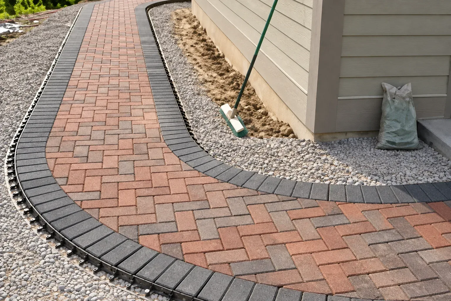 Herringbone brick walk with a soldier-course border