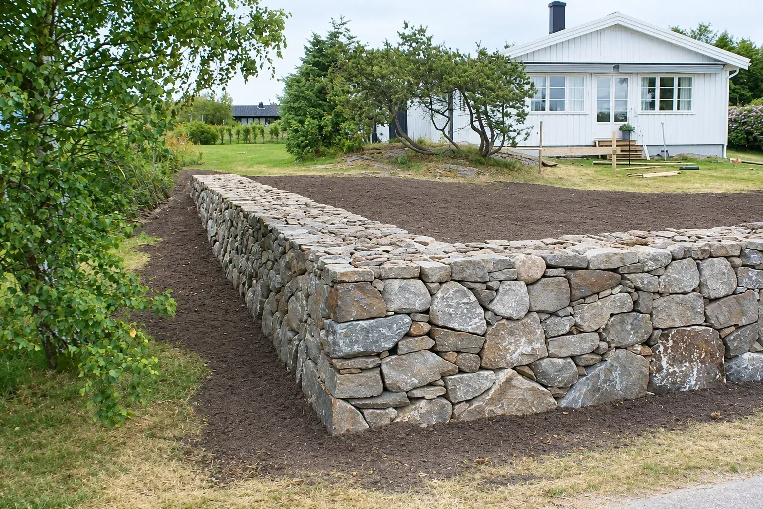 Dry-laid stone wall along a freshly graded yard