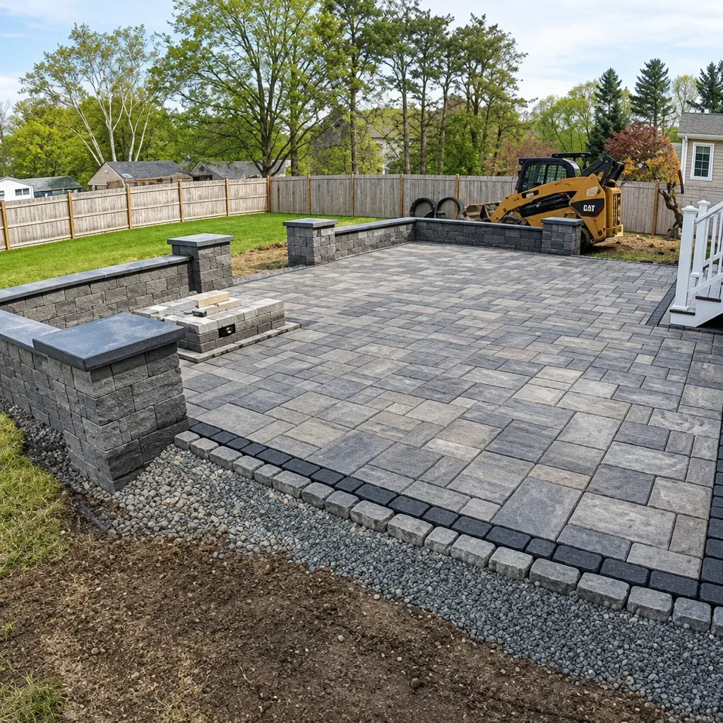 Paver patio with stone pillars