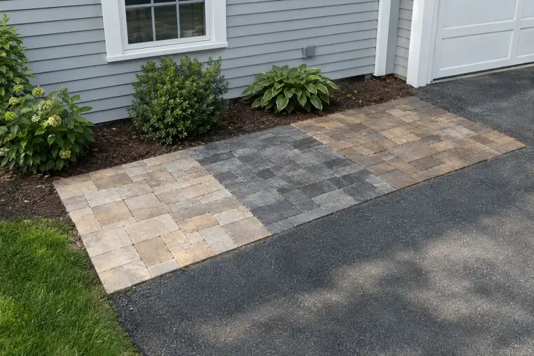 Three paver color blends laid as test strips beside an asphalt driveway: beige, gray and tan