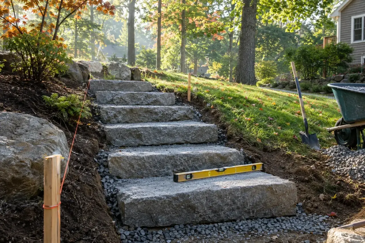 Granite slab garden steps being set into a grassy slope on a crushed stone base, with a level and string line