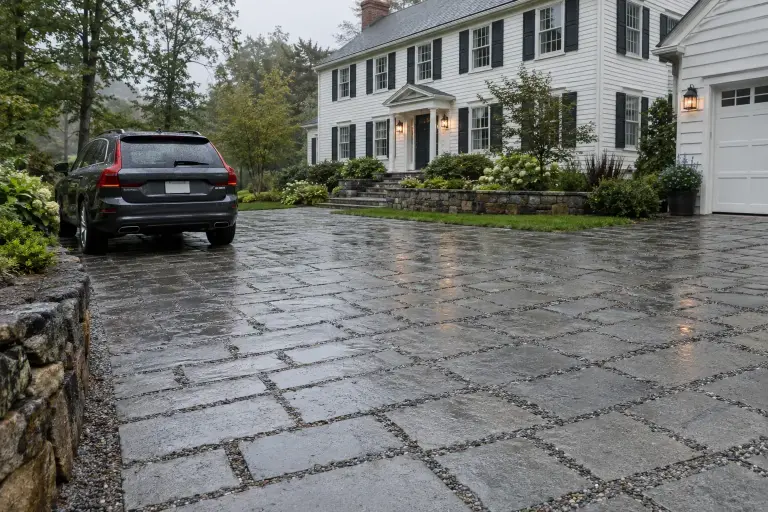 Permeable paver driveway with gravel-filled joints soaking up rain in front of a colonial house