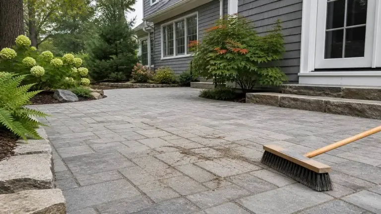 Weathered polymeric sand joints in a North Shore Massachusetts paver patio