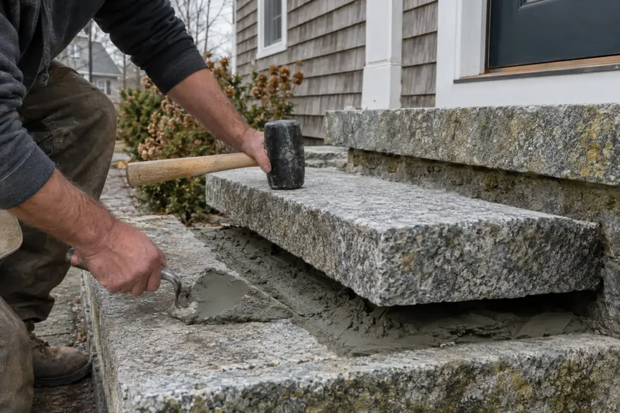 A loose granite step tread being reset on a fresh mortar bed with a trowel and mallet
