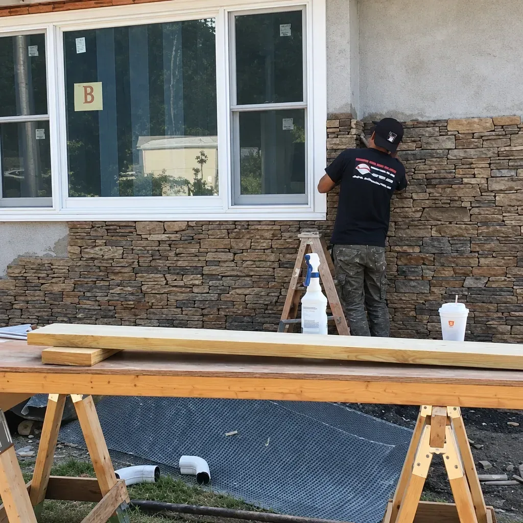 Mason installing stacked stone veneer on the front wall of a house