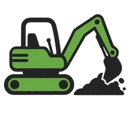Green and black icon of a mini excavator digging a pile of dirt