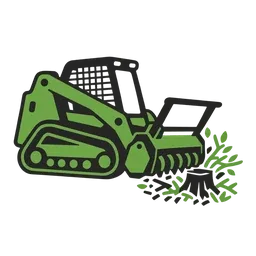 Illustrated green tracked skid steer with a forestry mulcher head grinding a tree stump and brush