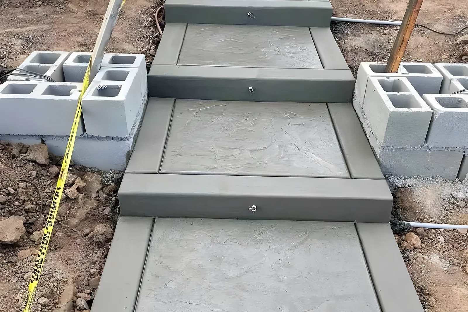 New stone-stamped concrete steps formed in a dug-out slope, with block walls and the ground still open around them